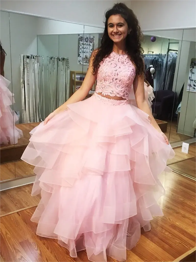 A Line Pink Lace 2 Piece Prom Dresses with Ruffles Skirt