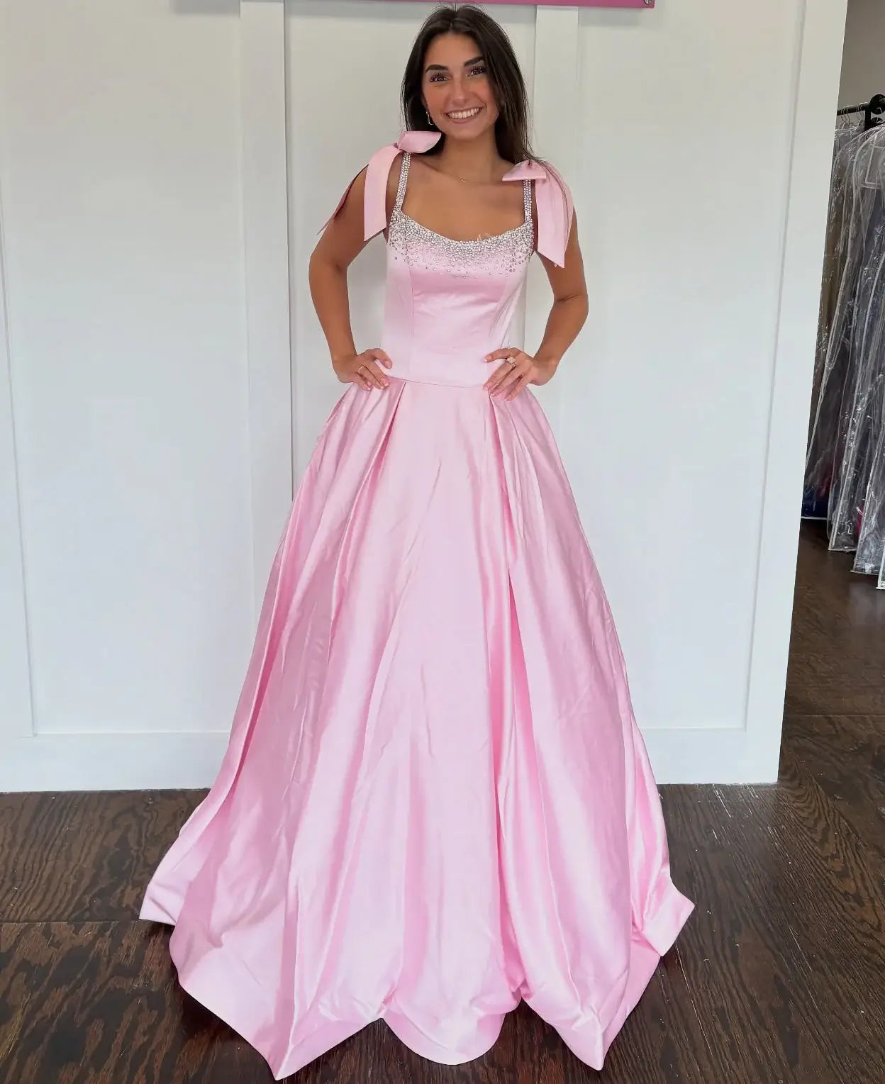 A Line Pink Prom Dresses Satin Beaded Long Evening Gown