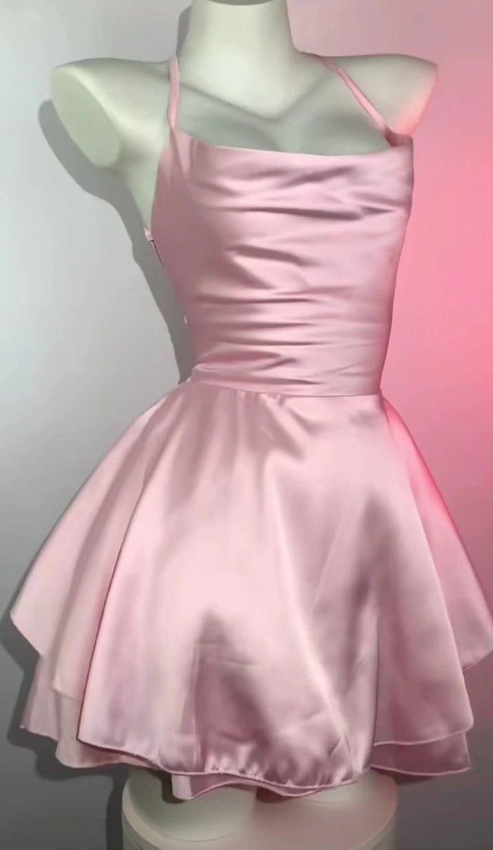 A-line Pink Satin Homecoming Dress under 100