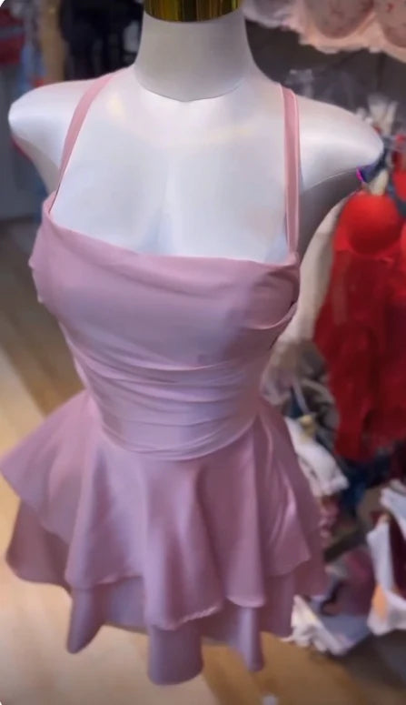 A-line Pink Satin Homecoming Dress under 100