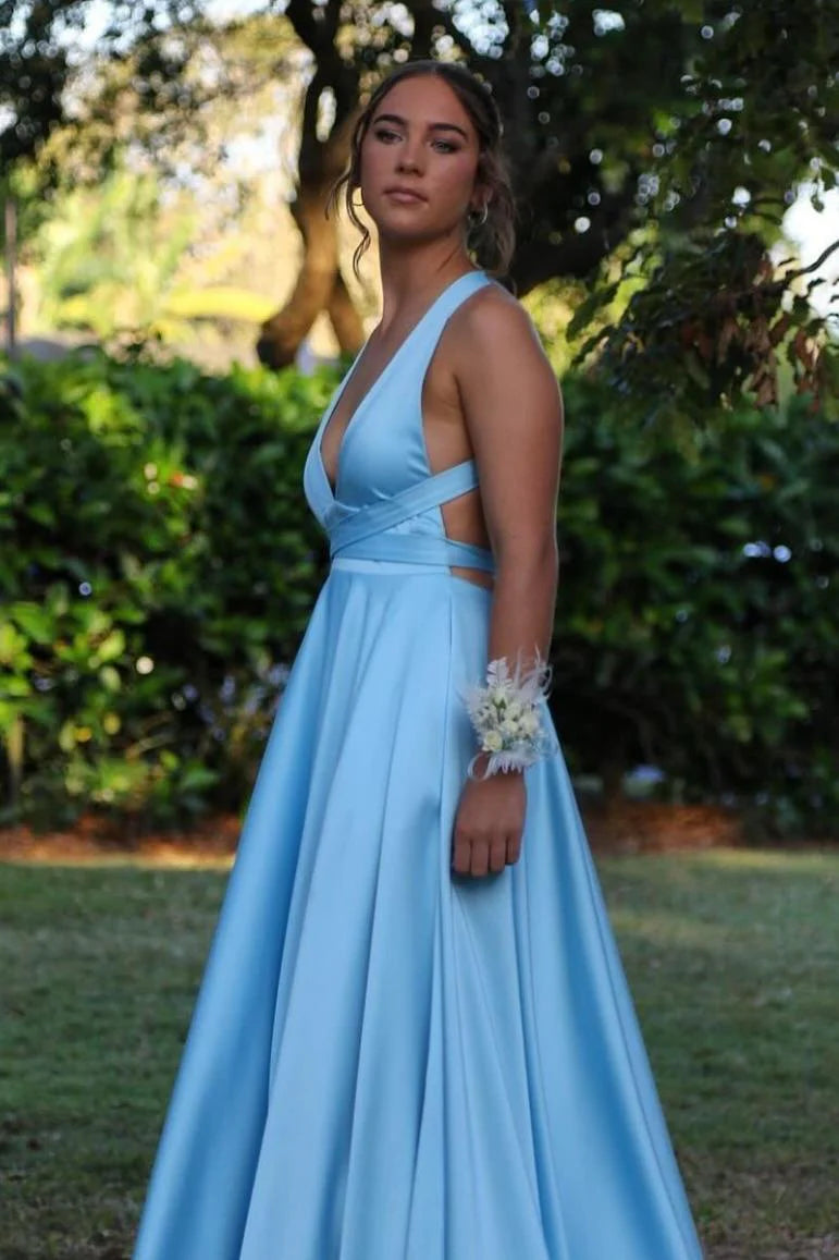 A-line Plunge blue Evening Dress UK Long Satin Prom Dress