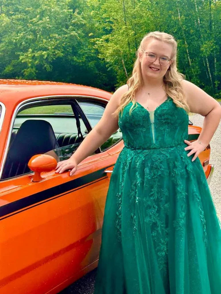 A Line Plus Size PromDresses Green Lace V Neck Open Back