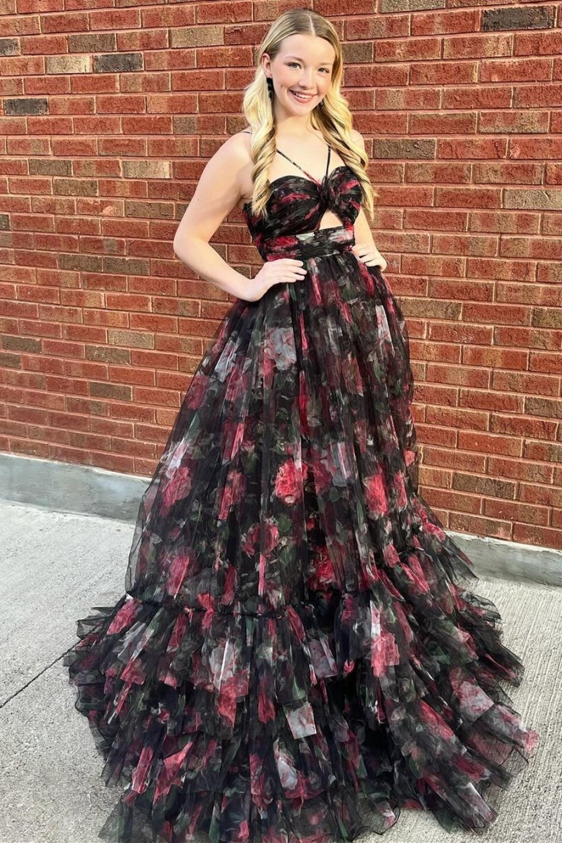 A-Line black Printed Formal Dress US Halter with Keyhole Summer Maxi Dress