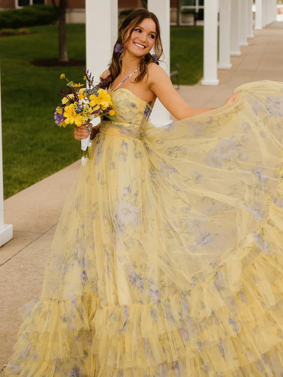 A-Line yellow floral Formal Dress US Halter with Keyhole Summer Maxi Dress