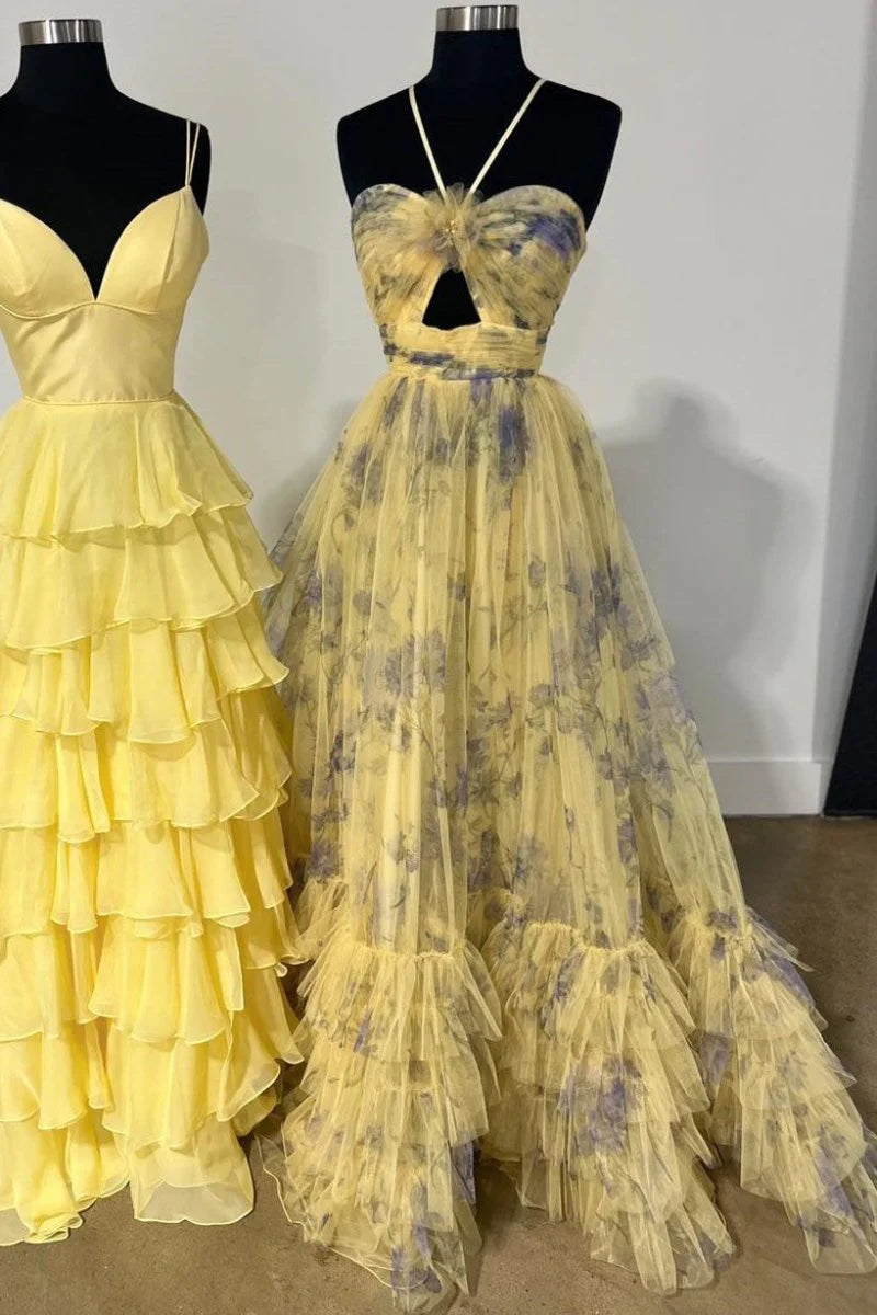 A-Line yellow floral prom Dress US Halter with Keyhole Summer Maxi Dress