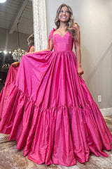 A-Line Hot Pink Prom Dress Satin Sweetheart with Bow Straps