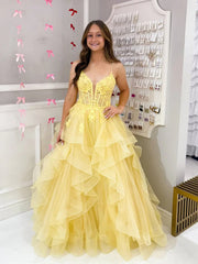 A Line Puffy Prom Dresses Yellow V Neck Lace Formal Dress