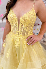 A Line 2025 Puffy Prom Dresses Yellow V Neck Lace Formal Dress