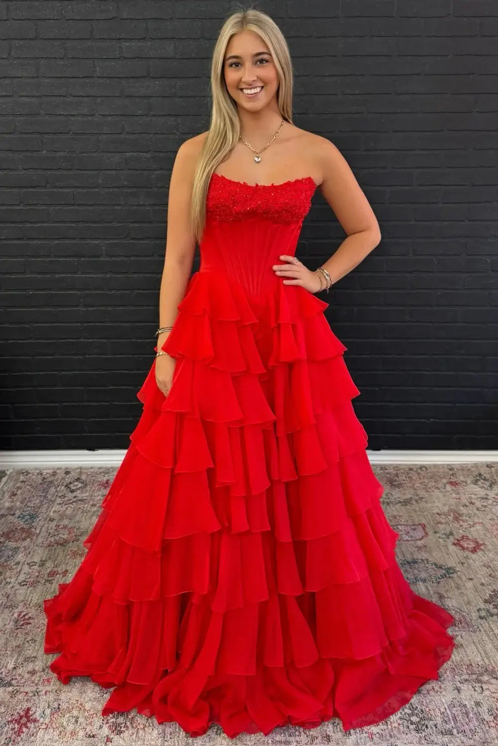 A Line Red Corset Prom Dresses Lace Chiffon Strapless with Ruffles