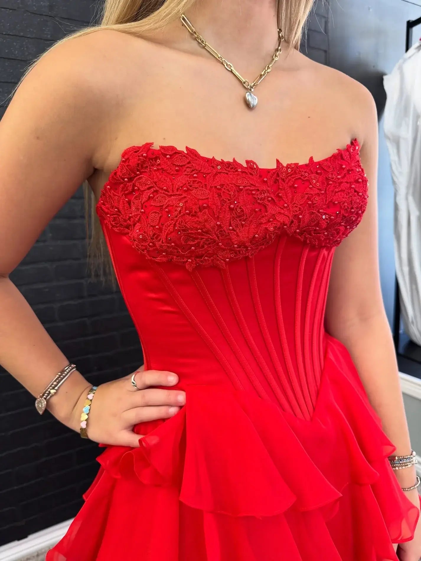 A Line Red Corset Prom Dresses Lace Chiffon Strapless with Ruffles