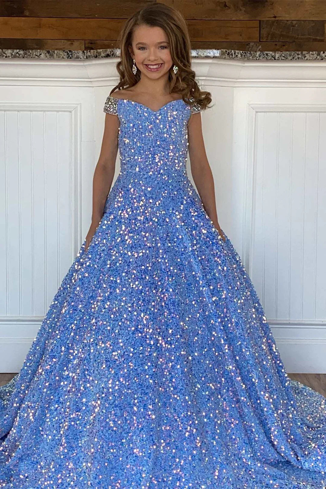 A-Line blue Iridescent Sequin Girl Pageant Dress Off-the-Shoulder Mychicdress