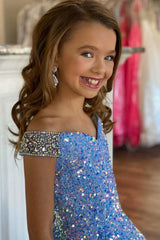 A-Line White Iridescent Sequin Girl Pageant Dress Off-the-Shoulder