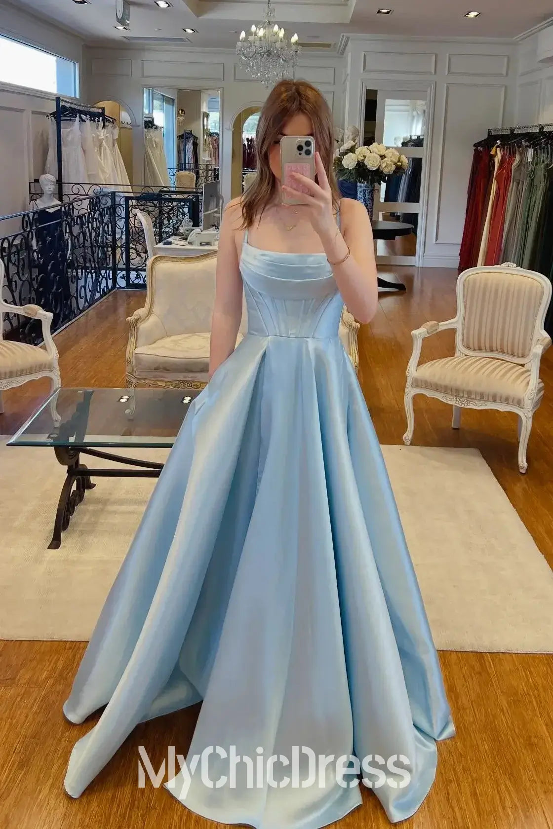 A Line Satin Evening Gown Corset light blue Prom Dress Near Me