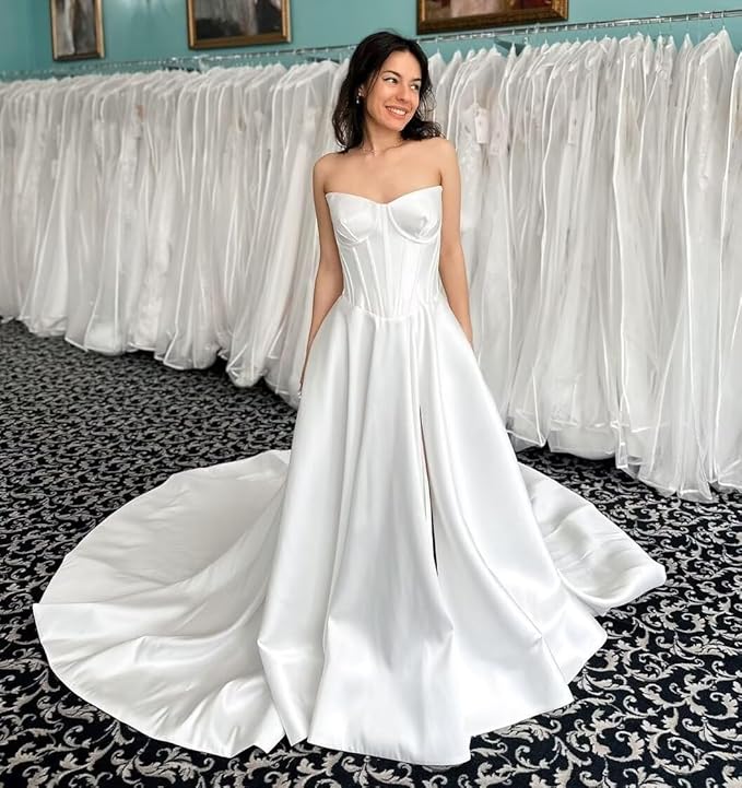 A Line Satin Strapless Wedding Dresses Corset Bridal Gown