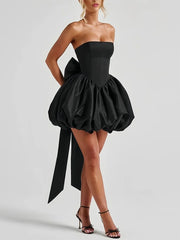 A Line Strapless Black Homecoming Dress Mini With Bow Satin Mychicdress