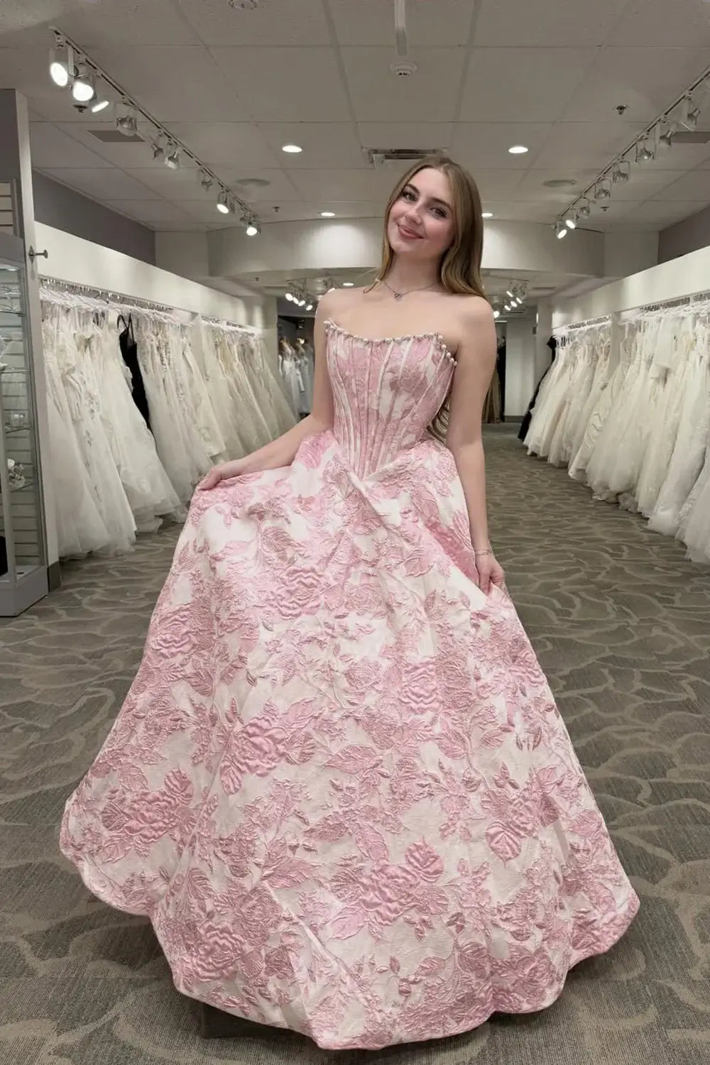 pink floral gown A Line Strapless Pearls Prom Dress Jacquard Scoop Neckshop.