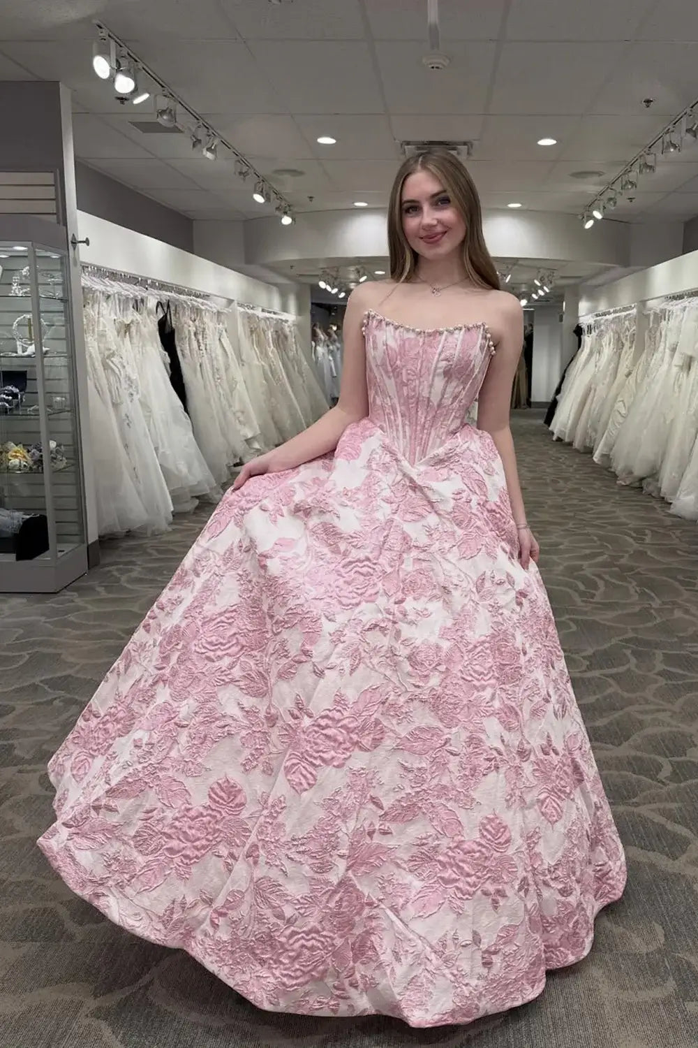 A Line Strapless Pearls Pink Prom Dress Floral Jacquard Scoop Neck