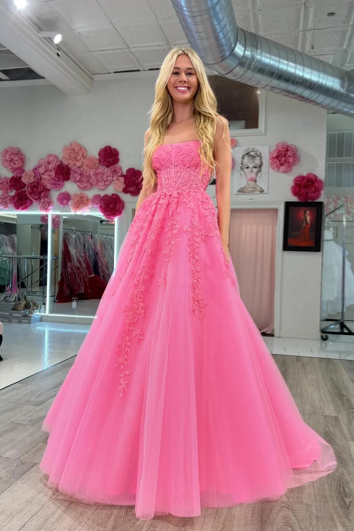 A-line pink Strapless Formal Dress Appliques Long Evening Dress Mychicdress