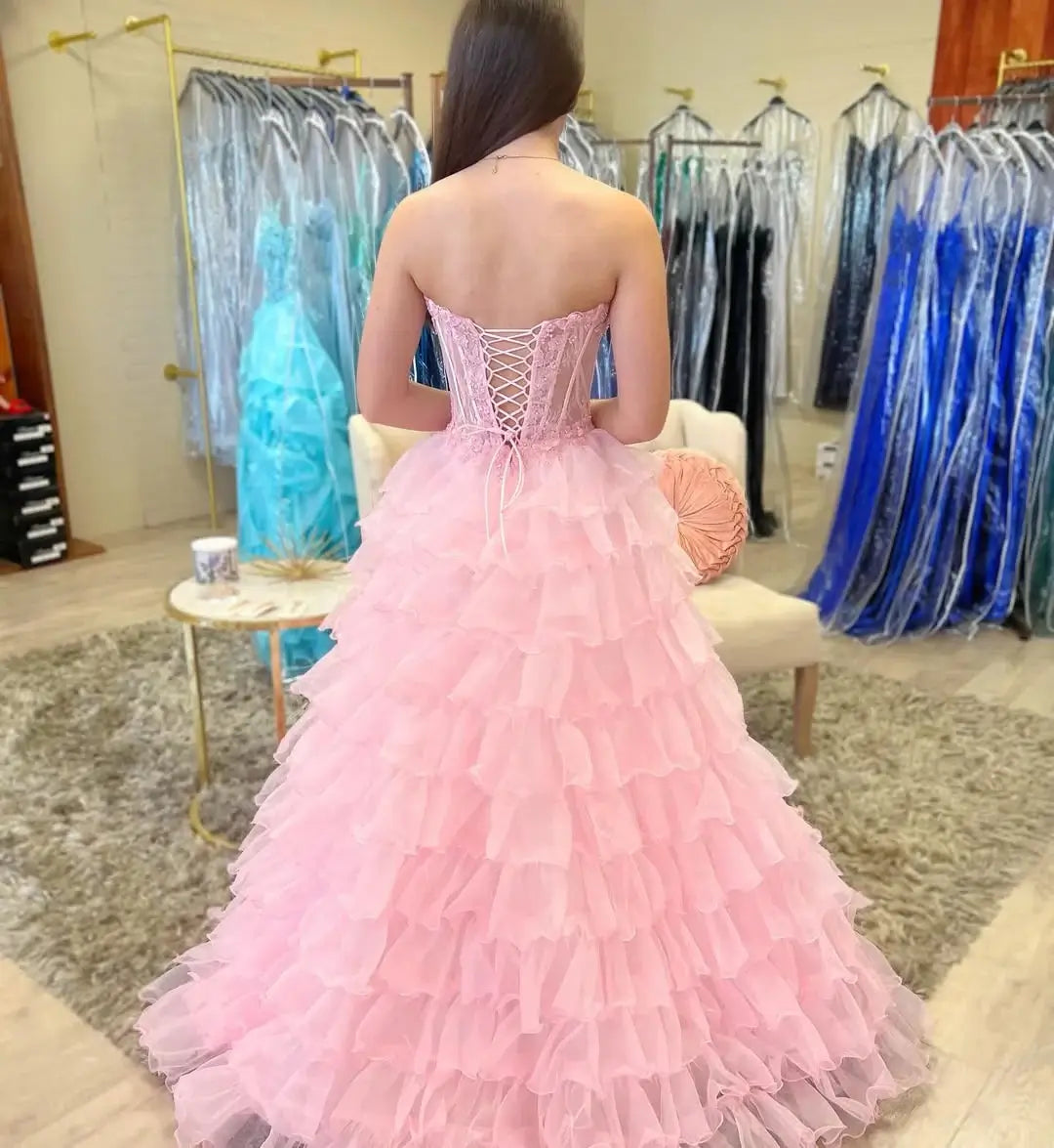 Pink strapless gown A Line Strapless Lace Prom Dresses Tulle Appliqued Ruffles