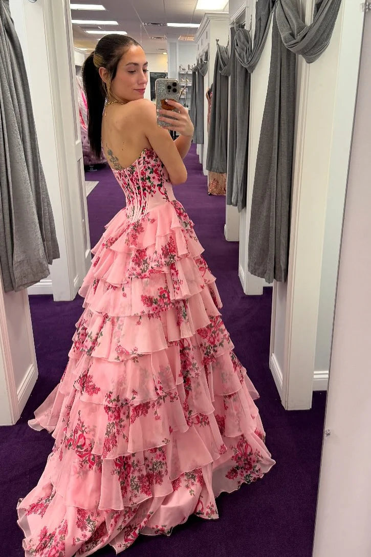 A-line Tiered Floral Pink Prom Dress Uk Sweetheart with Ruffles