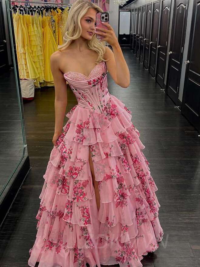A-line Tiered Floral Pink Prom Dress US Sweetheart with Ruffles
