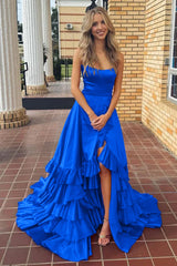 A Line Tiered Red Prom Dress Ruffles with Slit Lace-Up