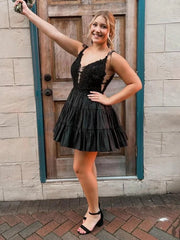 A Line V Neck Homecoming Dresses Black Ruffles Lace Applique