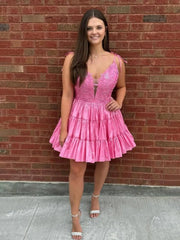 A Line V Neck Homecoming Dresses Black Ruffles Lace Applique