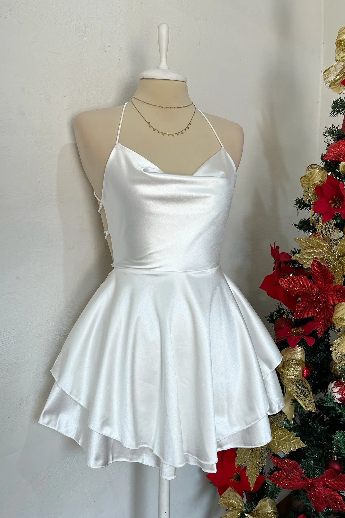 A-line White Graduation Dress Satin Homecoming Dress Spaghetti Strap Mychicdress