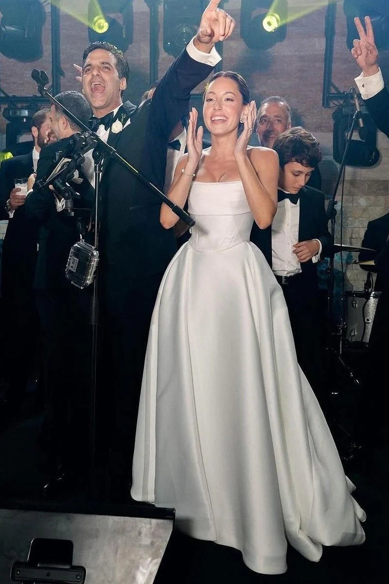 A Line White Strapless Wedding Dresses Corset Satin with Train Mychicdress