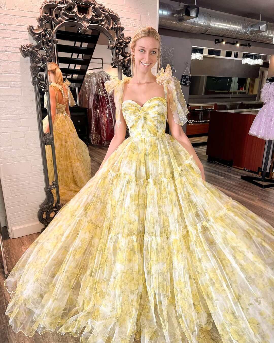 A Line Tulle Floral Prom Dress Yellow Print Evening Gown with Straps