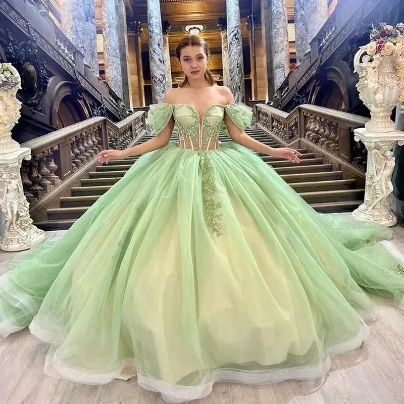 Affordable Sage Green Quinceanera Dress Off Shoulder Beading Floral Appliqué Mychicdress