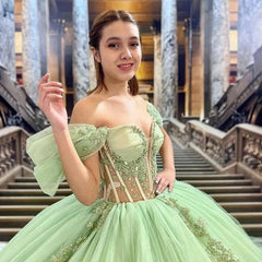 Affordable Sage Green Quinceanera Dress Off Shoulder Beading Floral Appliqué Mychicdress