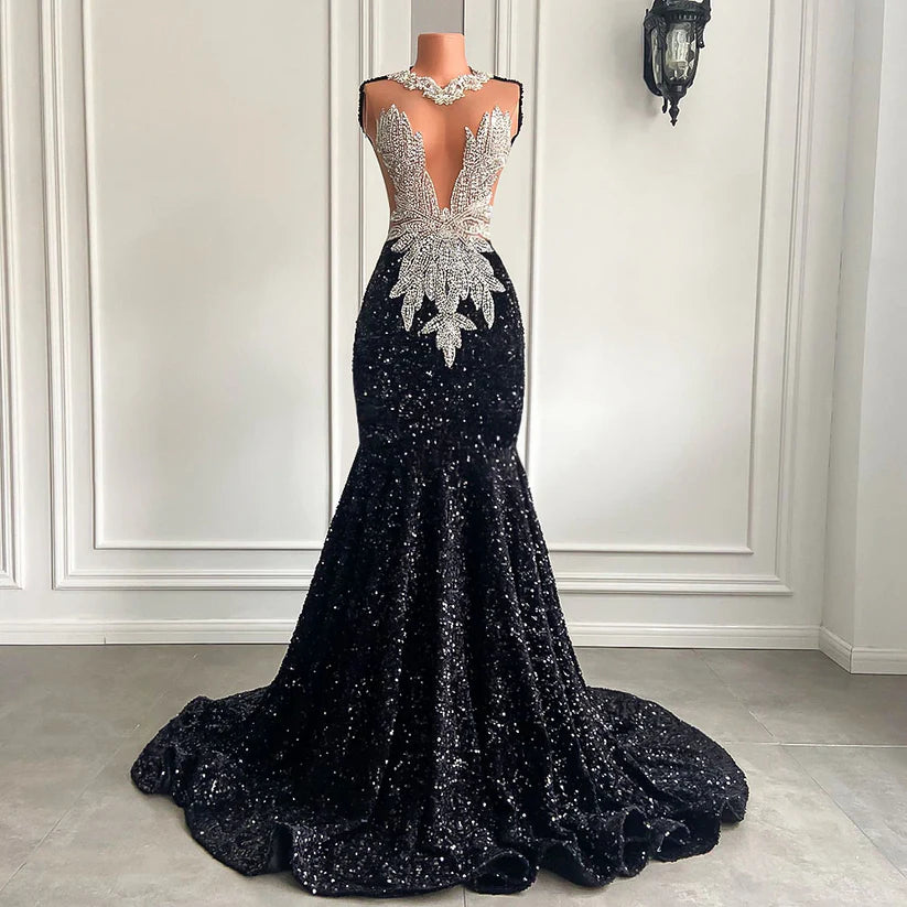African Black Girl Prom Gala Dresses Mermaid with Diamond Beaded Mychicdress