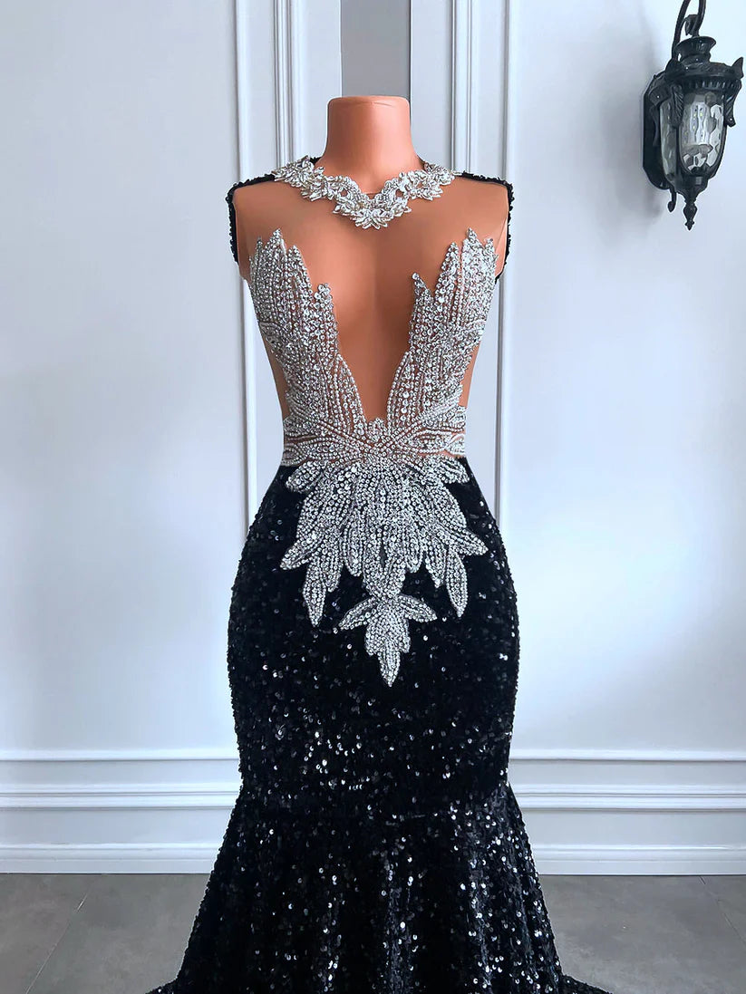 African Black Girl Prom Gala Dresses Mermaid with Diamond Beaded Mychicdress