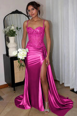 Appliqued Mermaid fuchsia Prom Dress 2025 UK Sequined Spaghetti Straps