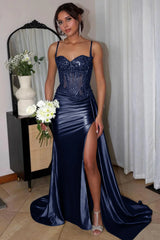 Appliqued Mermaid navy Prom Dress 2025 UK Sequined Spaghetti Straps