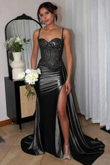 Appliqued Mermaid black Prom Dress 2025 UK Sequined Spaghetti Straps