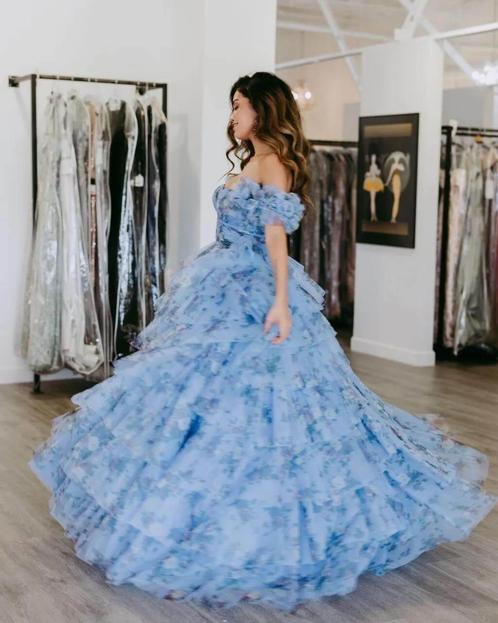 Ball Gown Blue Floral Prom Dress with Ruffles Tiered Sweet 16 Dresses