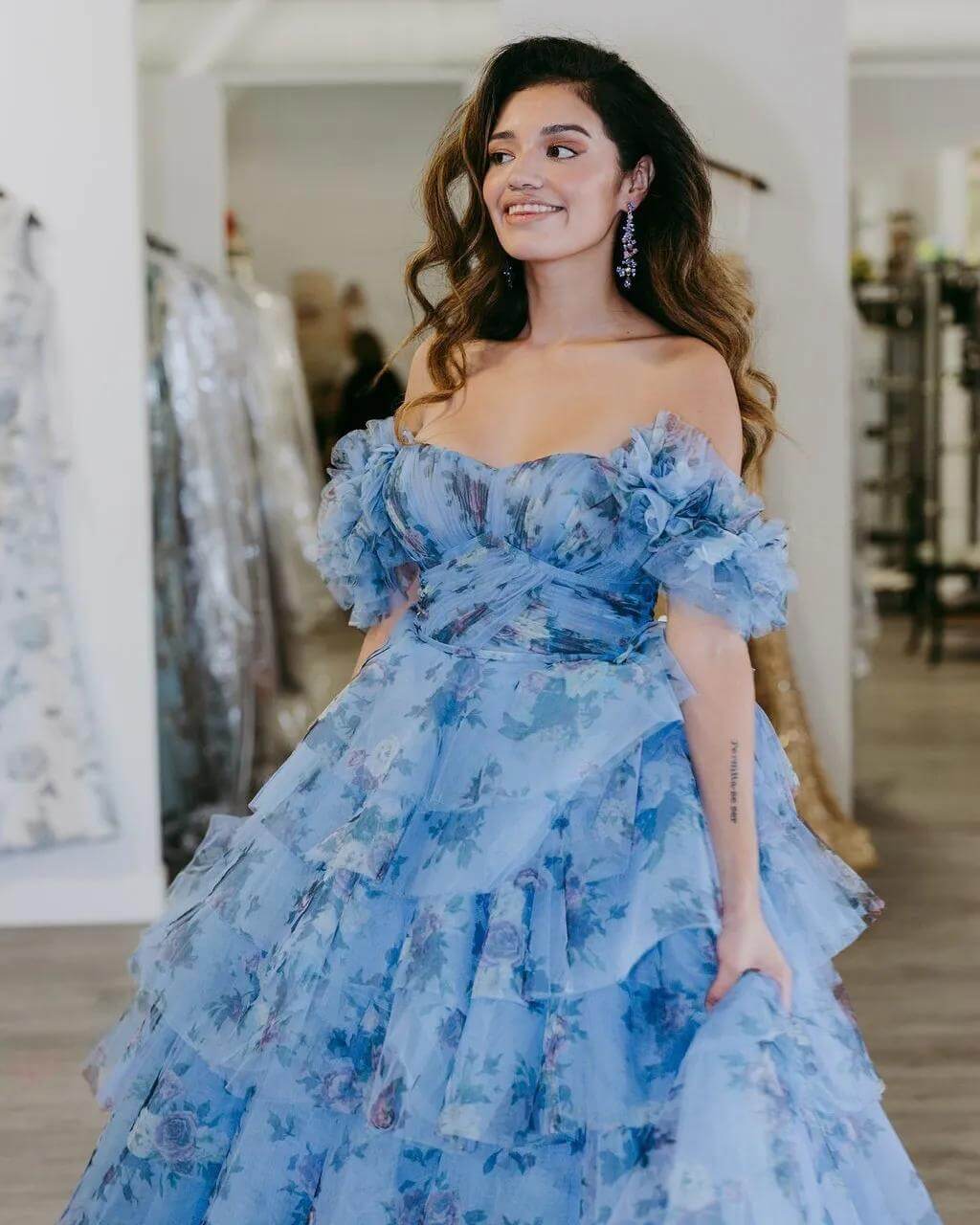 Ball Gown Blue Floral Prom Dress with Ruffles Tiered Sweet 16 Dresses