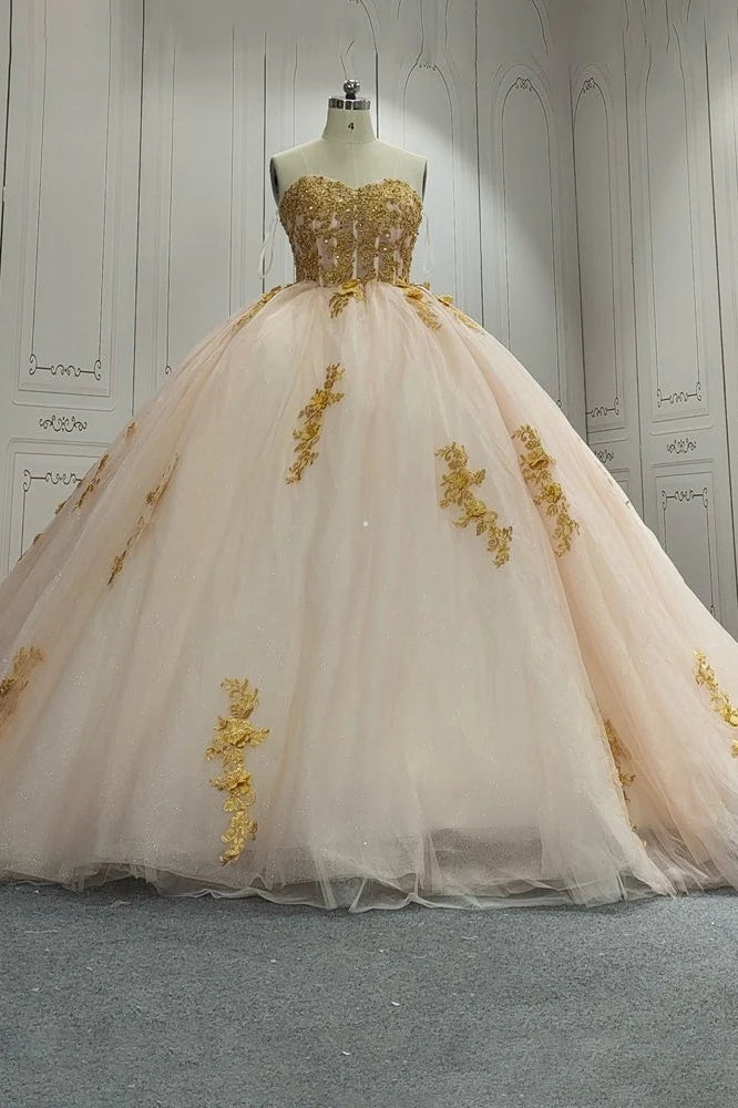 Ball Gown Champagne Gold Lace Sweet 15 Dress Srapless Tulle