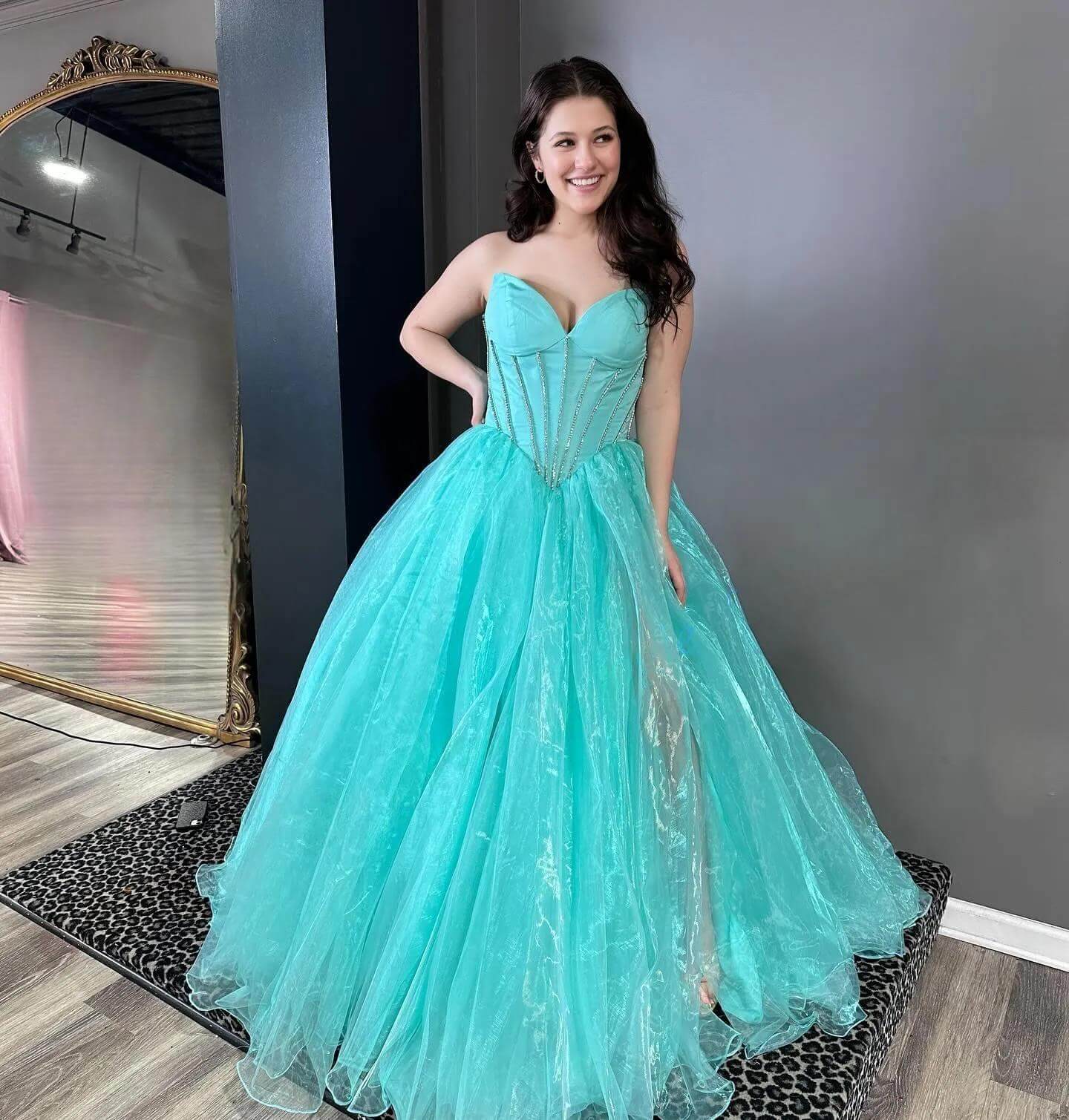 turquoise evening gown Ball Gown Corset Prom Dress Tulle Crystals