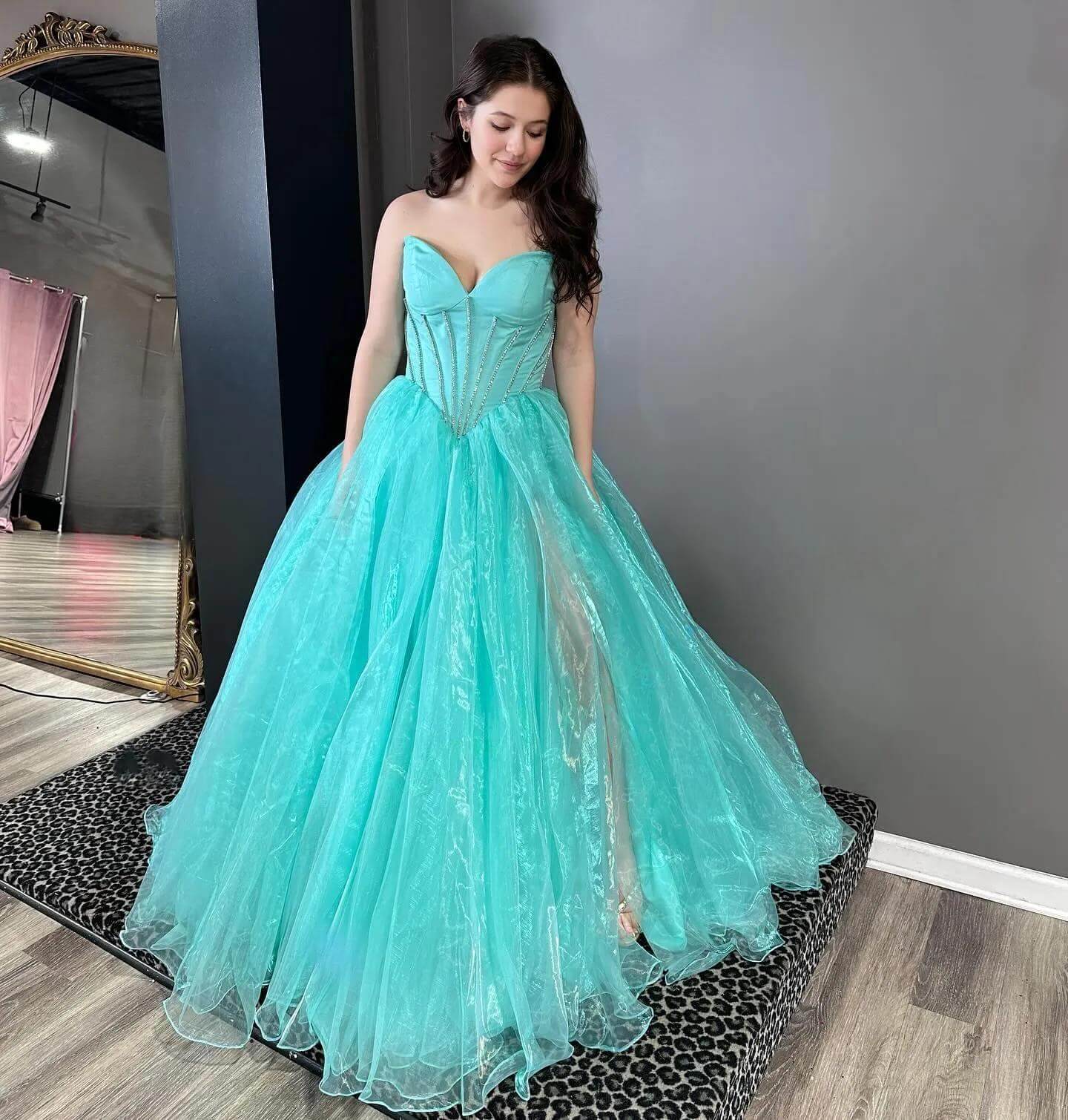 turquoise evening gown Ball Gown Corset Prom Dress Tulle Crystals