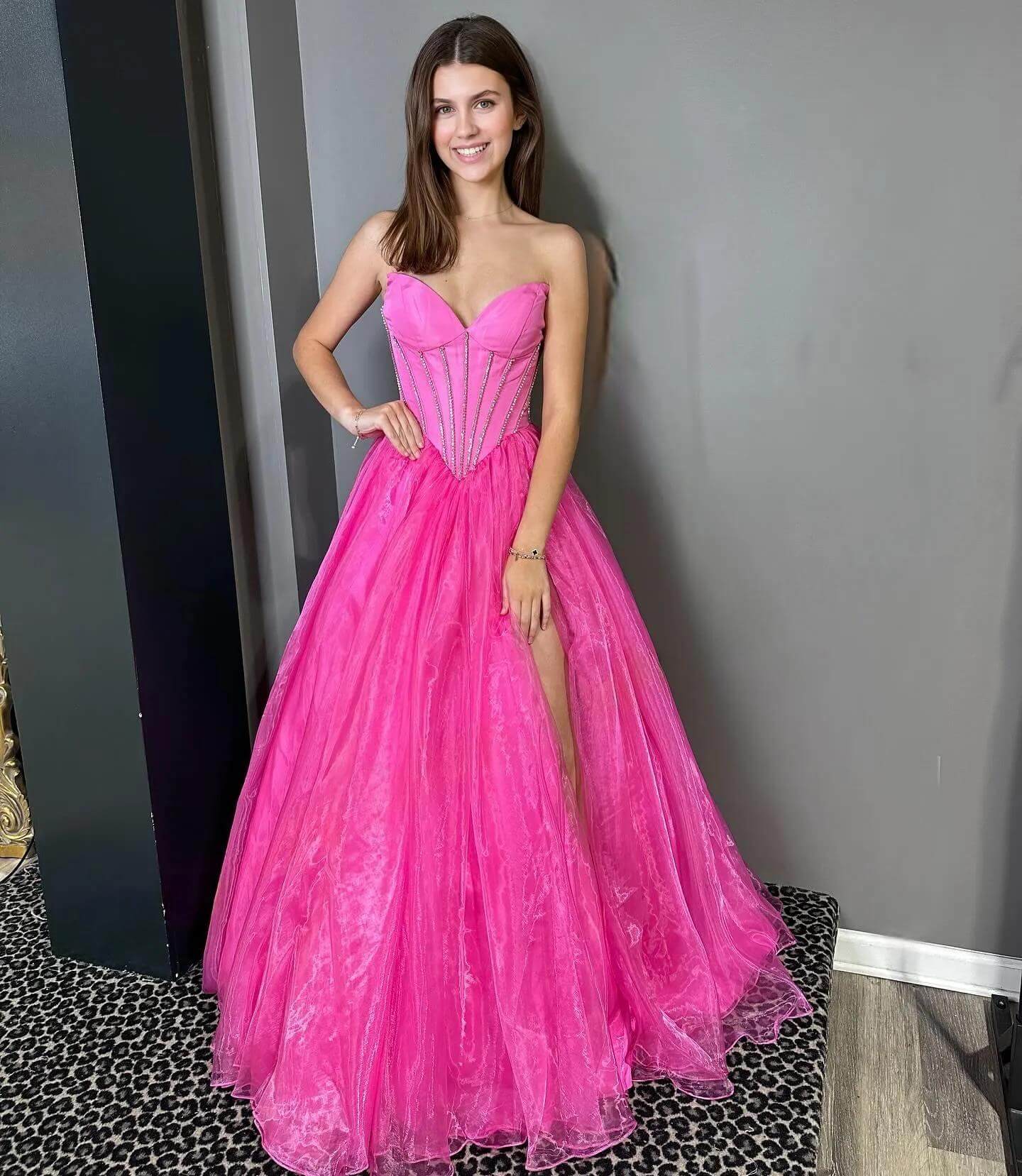 pink evening gown Ball Gown Corset Prom Dress Tulle Crystals