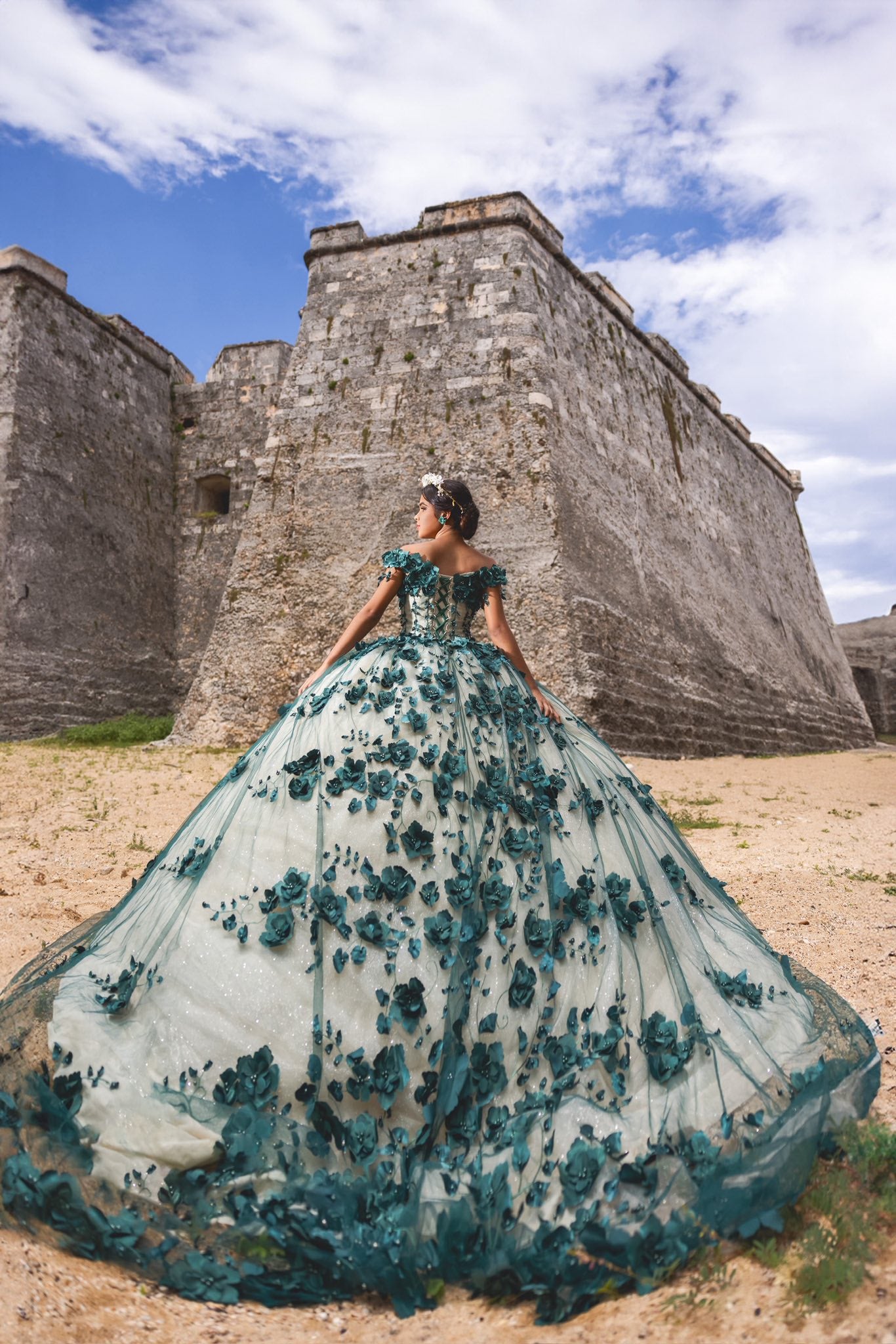 Ball Gown Emerald Green Quince Dresses Off the shoulder with 3D Flowers