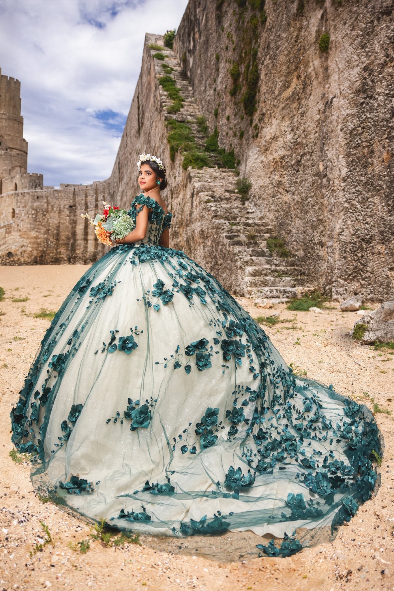 Ball Gown Emerald Green Quince Dresses Off the shoulder with 3D Flowers
