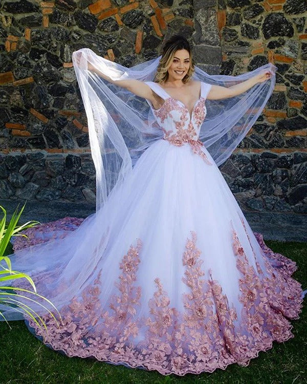 Ball Gown Gothic Wedding Dress Lace Cap Sleeves with Appliques