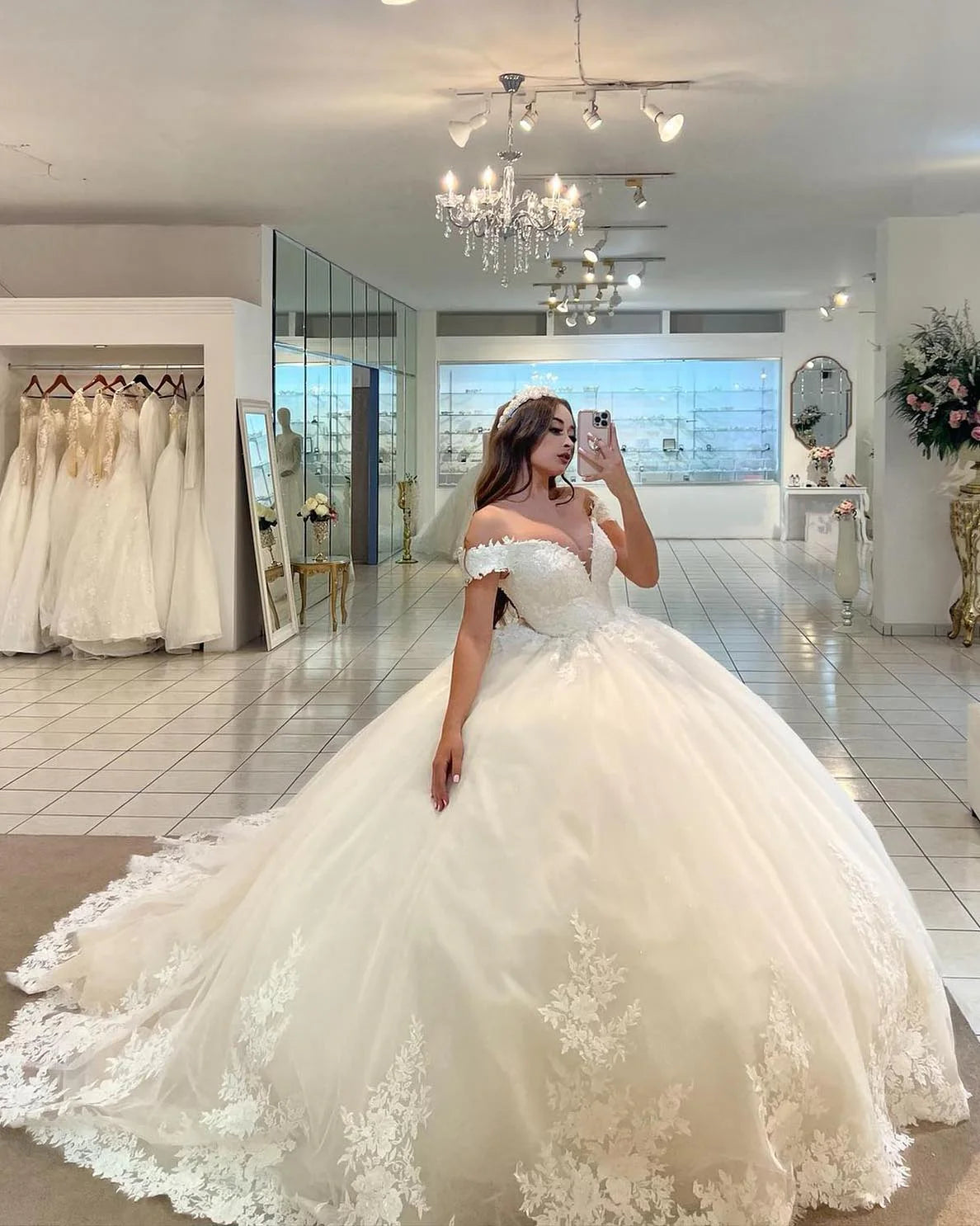 Ball Gown Lace Wedding Dress Tulle V-Neck Bridal Gown Cap Sleeves Mychicdress