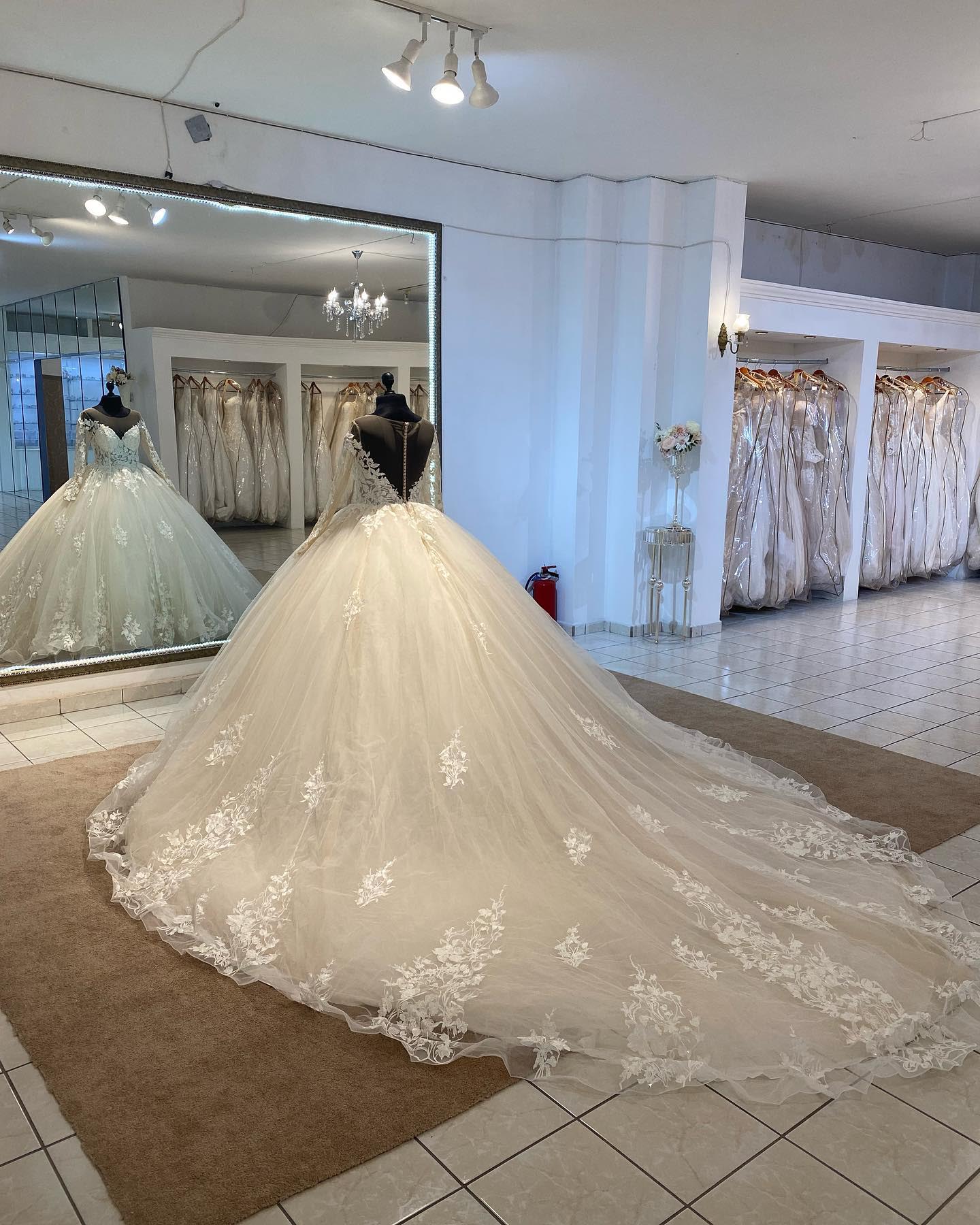 Ball Gown Long Sleeves Wedding Dress Lace Appliques with Long Train