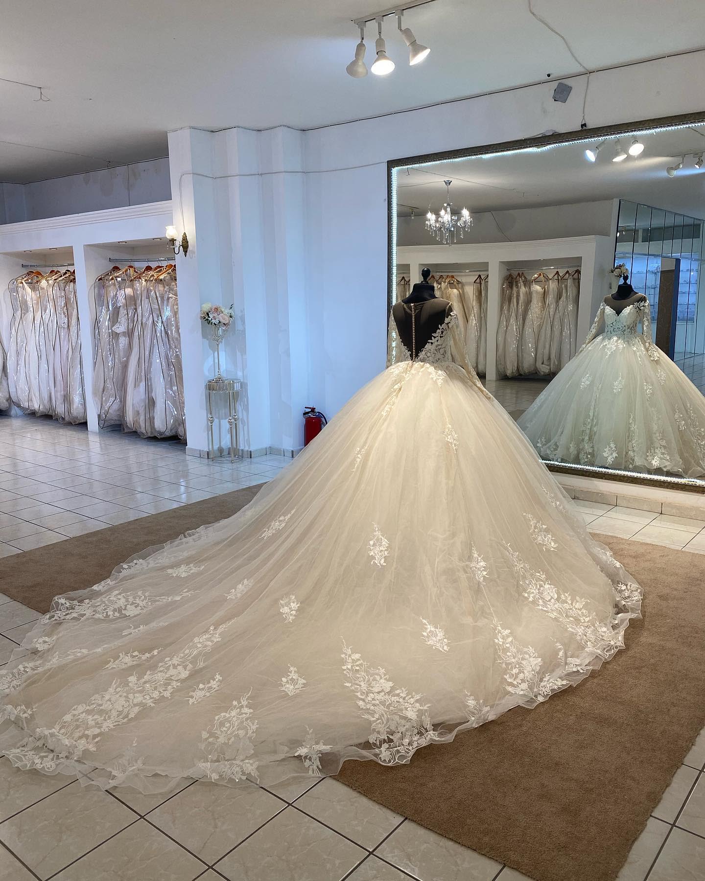 Ball Gown Long Sleeve Wedding Dress Lace Appliques with Long Train